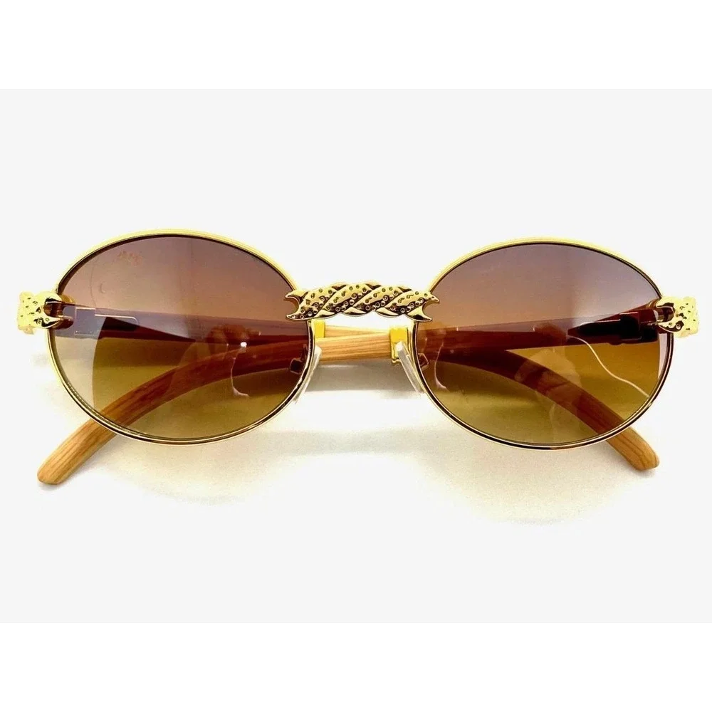 Retro Vintage Style Horn‎ Rim  Brown Lens Gold Round Fashion Driving Sunglasses